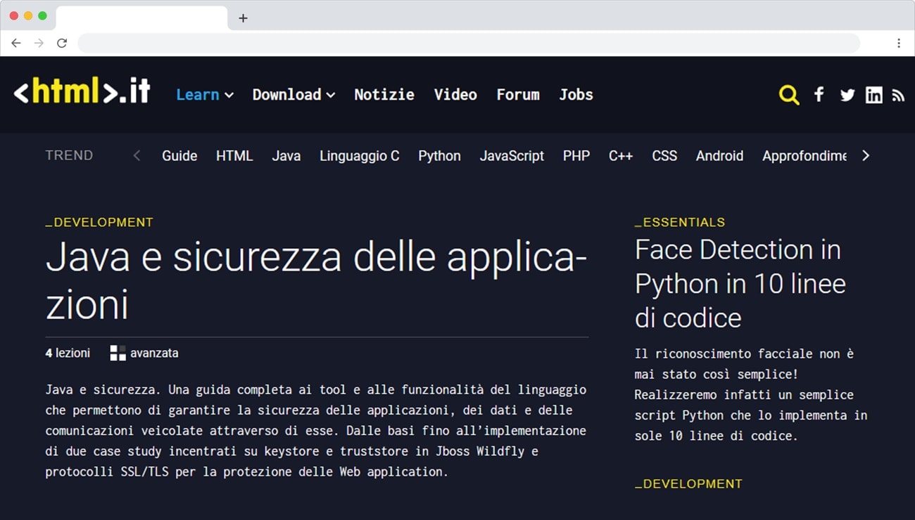 Screenshot of the HTML.it homepage, a leading Italian web development resource