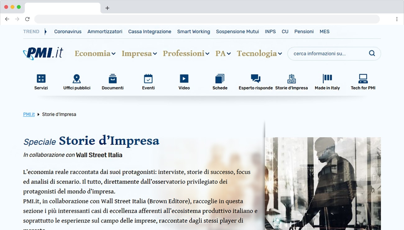 Screenshot of the PMI.it homepage, an Italian business and finance news website