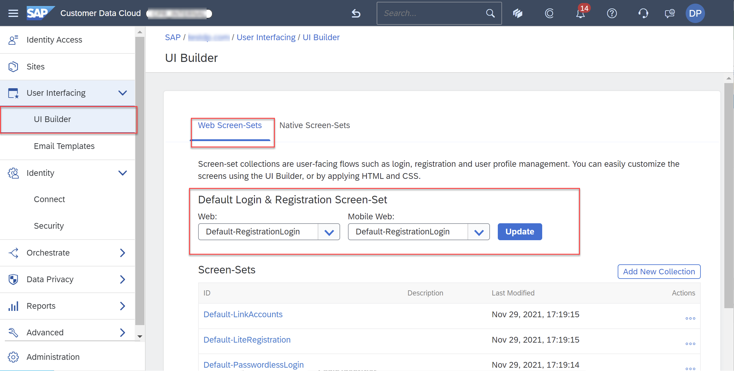 SAP Customer Data Cloud Screen-Sets user interface screenshot