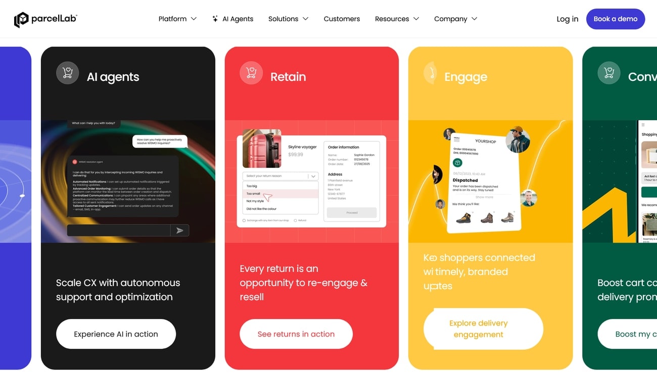 parcelLab platform feature cards: AI agents, Retain, Engage, and Convert